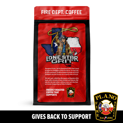 Fire Dept. Coffee package with Lone Star Grit branding and Plano Fire Rescue logo.


