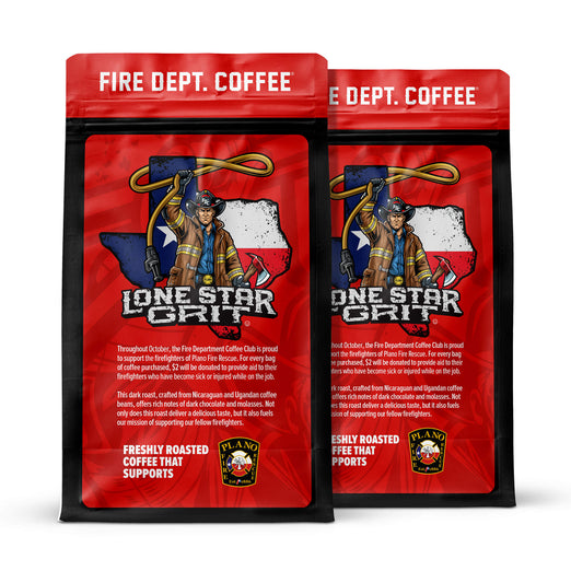 Two red coffee packages with a firefighter graphic and ’Lone Star Grit’ branding on a white background.


