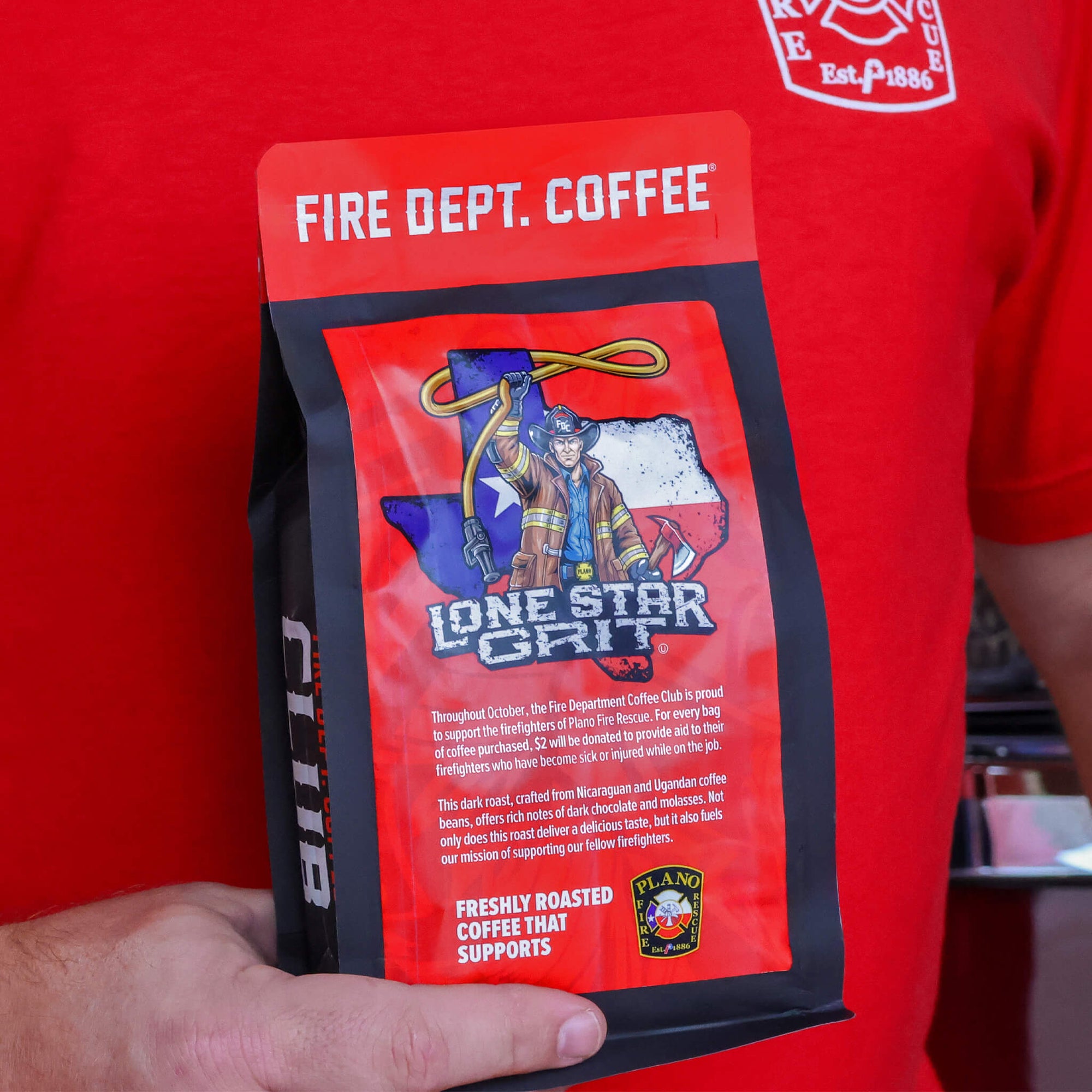 Fire Dept. Coffee package with Lone Star Grit branding and Plano Fire Rescue logo.

