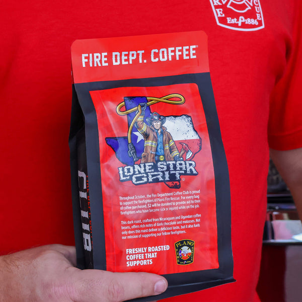 Fire Dept. Coffee package with Lone Star Grit branding and Plano Fire Rescue logo.

