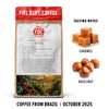 Fire Dept. Coffee package with tasting notes for caramel and hazelnut, featuring a farmer and coffee beans on a white background.

