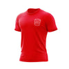 Red t-shirt with a white logo on a white background

