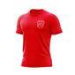 Red t-shirt with a white logo on a white background

