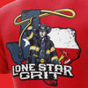 Red t-shirt with a graphic of a firefighter holding a rope, set against a map of Texas, with 'Lone Star Grit' text.

