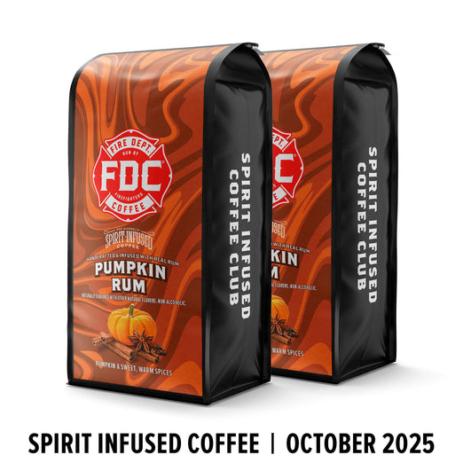 Two packages of FDC Coffee’s Pumpkin Rum flavor on a white background

