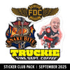 Sticker pack with Fire Dept. Coffee logo in black and gold with wings, 'Snake Bite' design, 'Truckie' text design, and a cartoon Jason Patton riding a fire truck design.