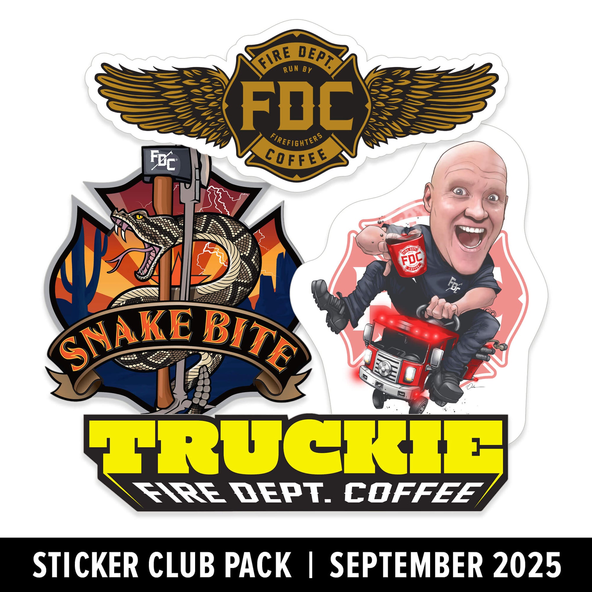 Sticker pack with Fire Dept. Coffee logo in black and gold with wings, 'Snake Bite' design, 'Truckie' text design, and a cartoon Jason Patton riding a fire truck design.