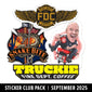 Sticker pack with Fire Dept. Coffee logo in black and gold with wings, ’Snake Bite’ design, ’Truckie’ text design, and a cartoon Jason Patton riding a fire truck design.
