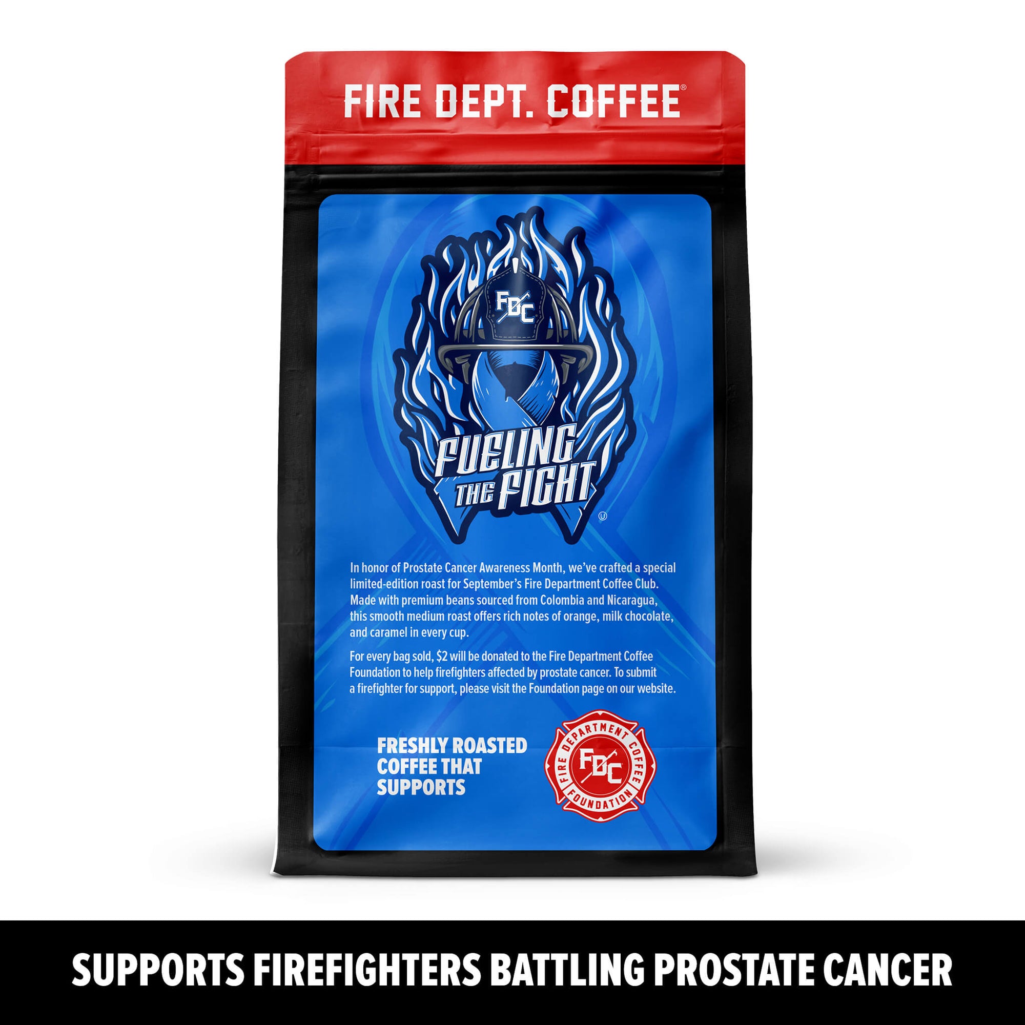 Fire Department Coffee package with blue label and red top on a white background