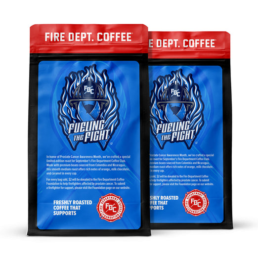 Two packages of Fire Dept. Coffee with blue and red design on a white background