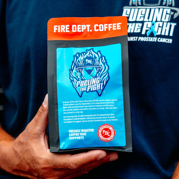 Fire Department Coffee package with blue label and red top on a white background