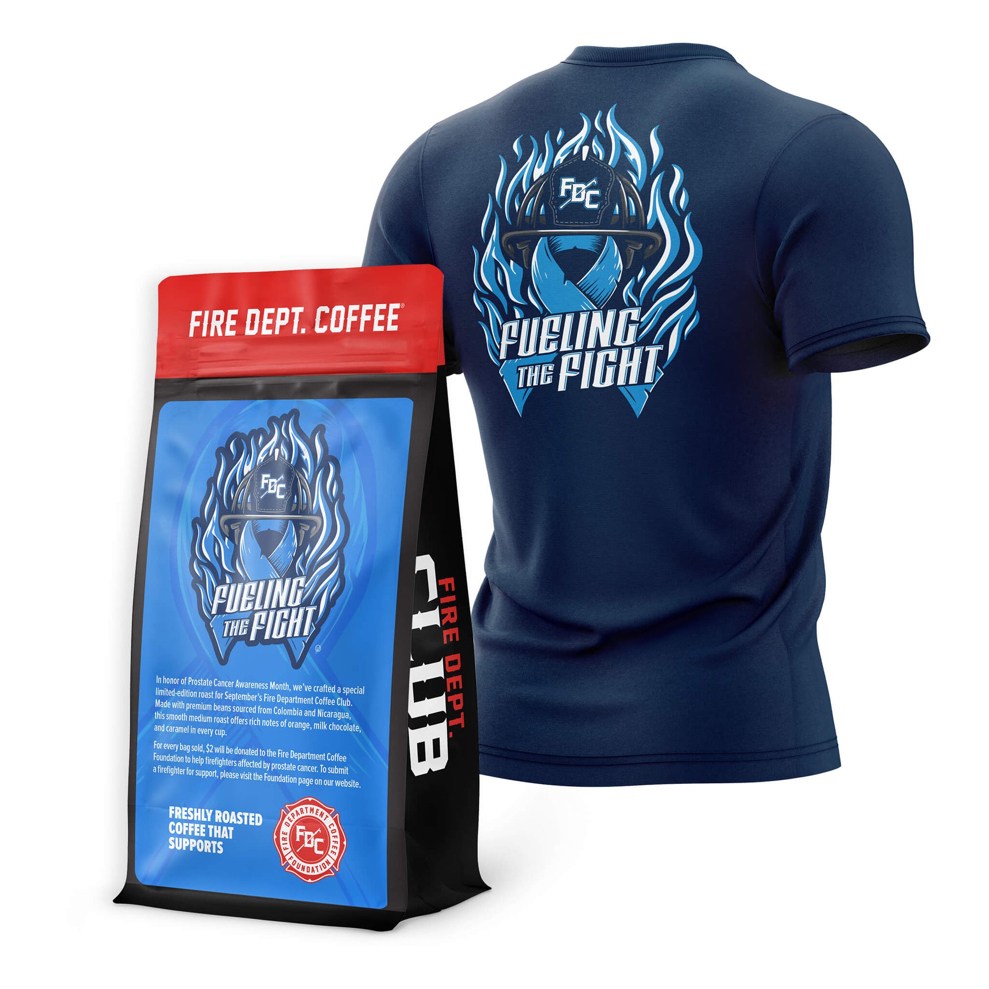 Navy blue t-shirt with 'Fueling the Fight' design and Fire Dept. Coffee packaging on a white background