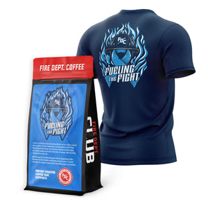 Navy blue t-shirt with 'Fueling the Fight' design and Fire Dept. Coffee packaging on a white background