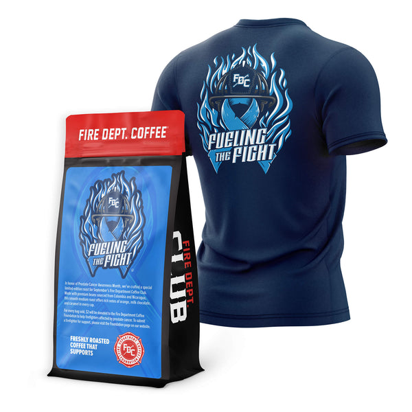 Navy blue t-shirt with 'Fueling the Fight' design and Fire Dept. Coffee packaging on a white background