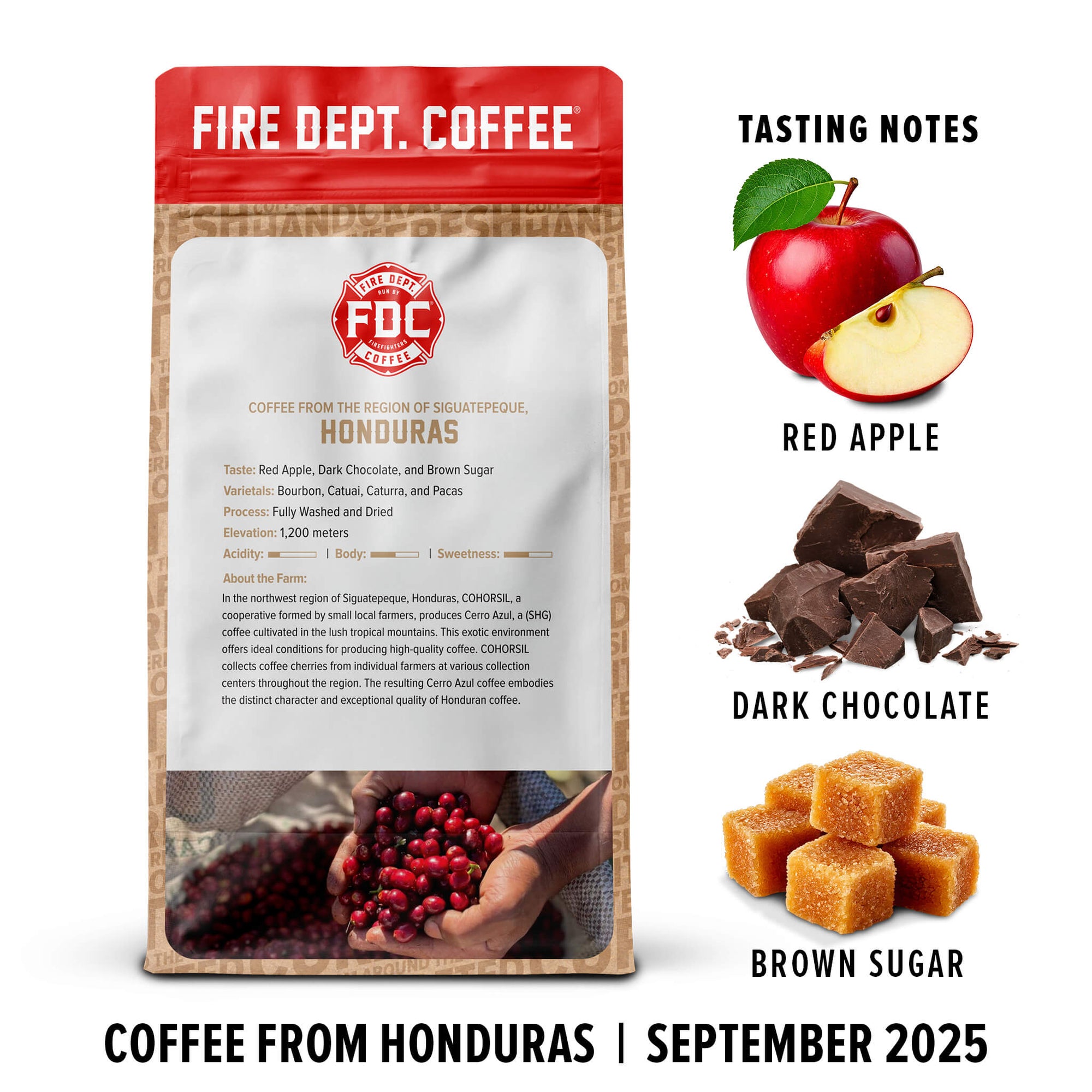 Fire Dept. Coffee package with tasting notes for red apple, dark chocolate, and brown sugar.