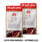 Two Fire Dept. Coffee packages with a focus on Honduras coffee, featuring hands holding coffee cherries.
