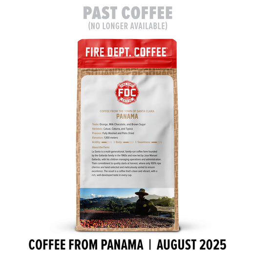 Fire Dept. Coffee package with a scenic image of coffee plants and a person on a white background.