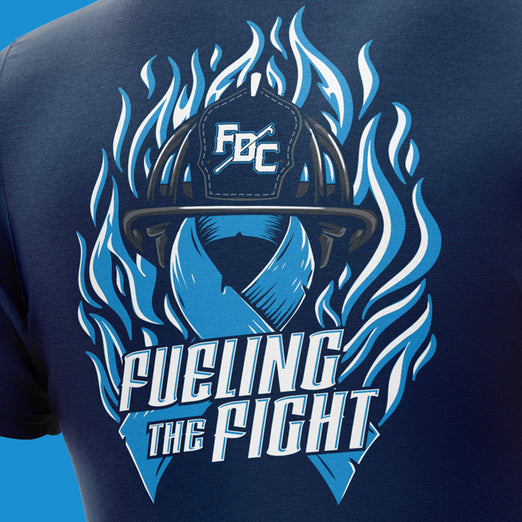 Navy blue t-shirt with a graphic design of a fire helmet, blue ribbon, and flames on a blue background.