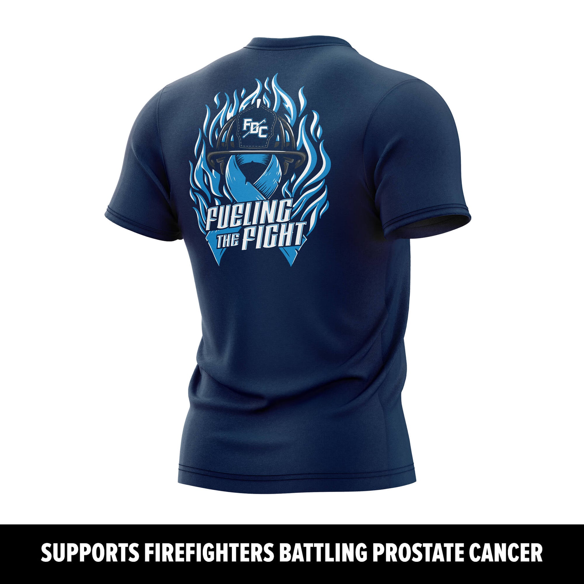 Navy blue t-shirt with a graphic design on the back, supporting firefighters battling prostate cancer.