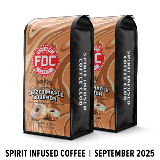 Two bags of FDC Coffee with a glazed maple bourbon flavor on a white background.