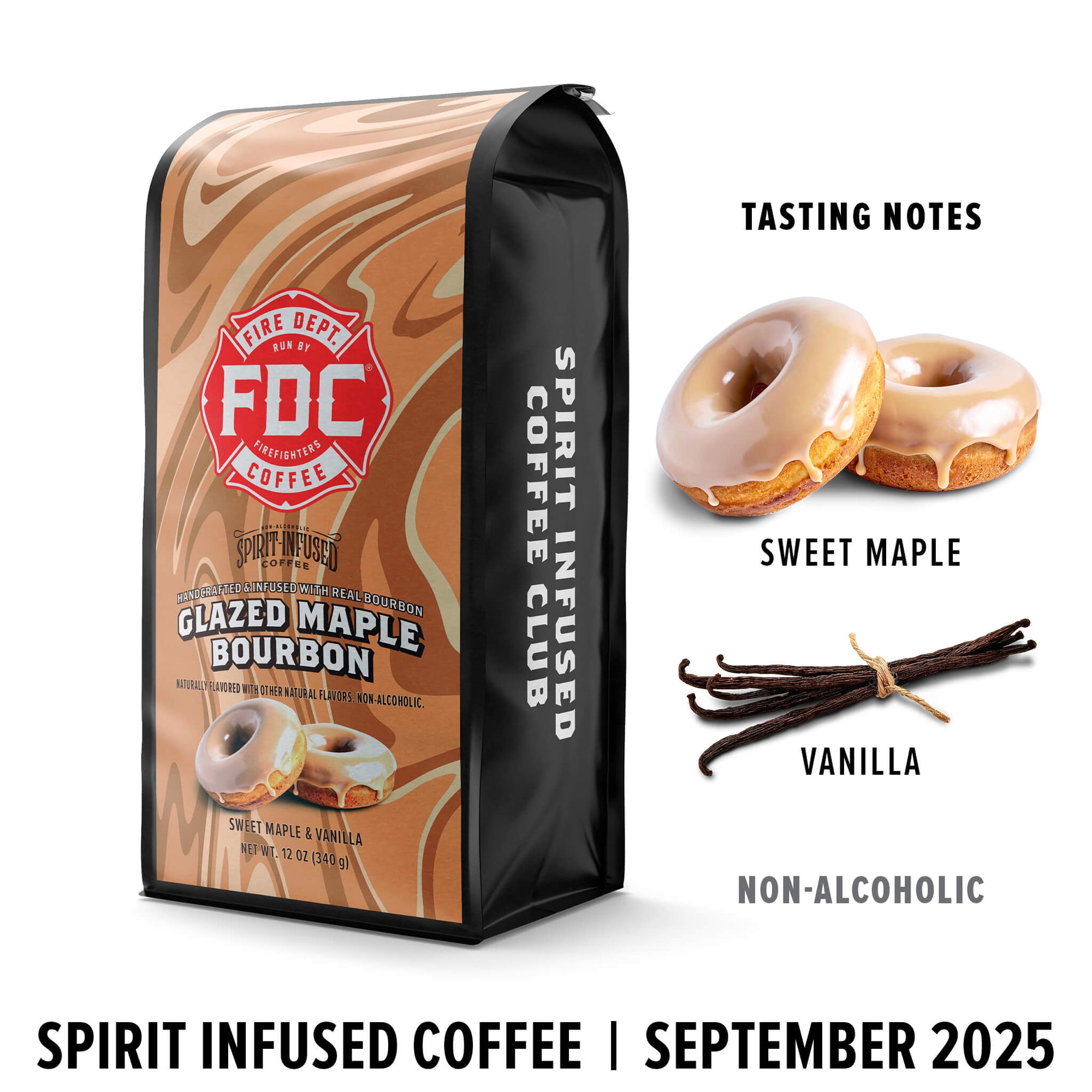 FDC Spirit Infused Coffee package with donuts and vanilla beans on a white background