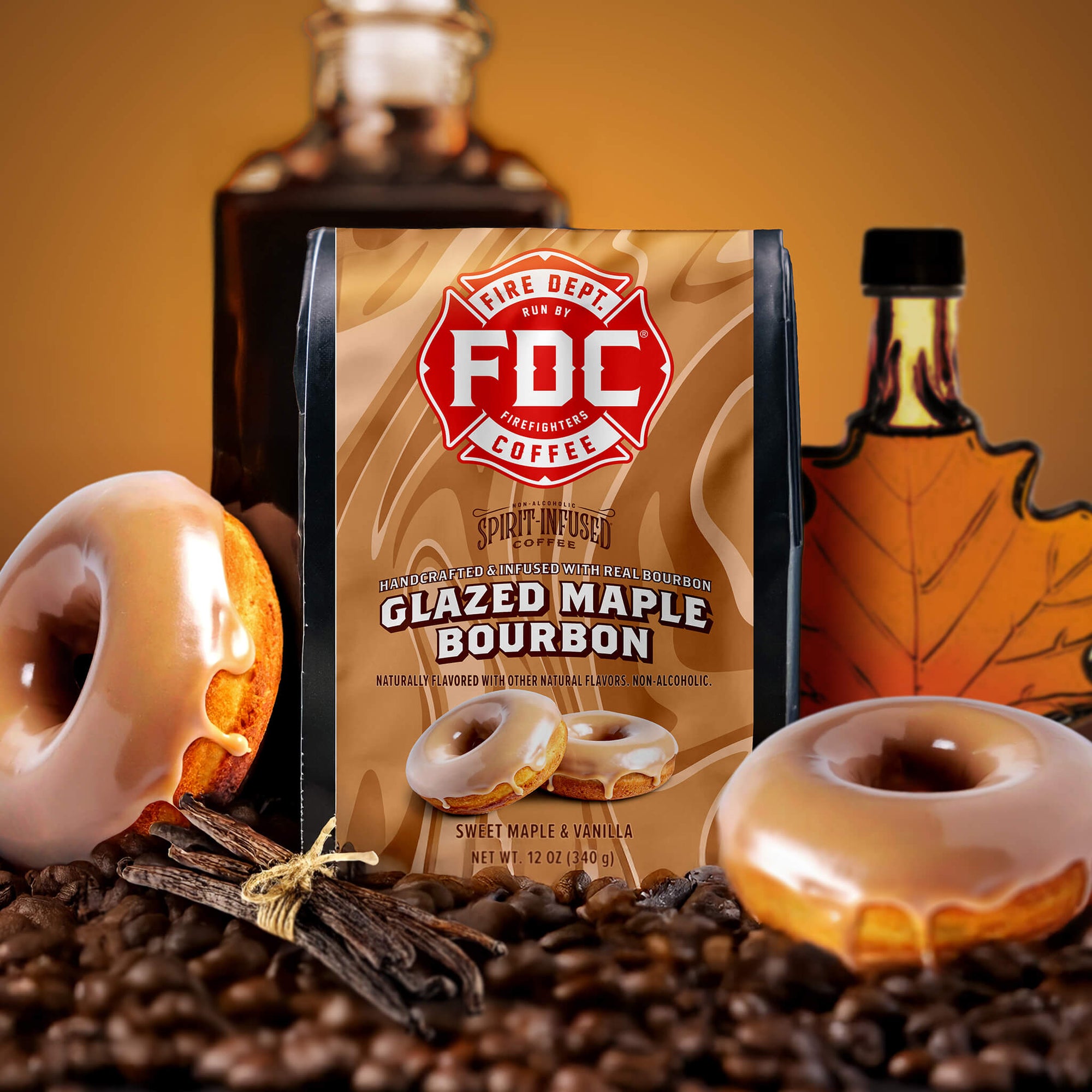 FDC Spirit Infused Coffee package with donuts and vanilla beans on a white background