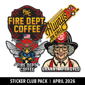 Sticker pack featuring 'Fire Dept. Coffee' and 'Granny Approved' designs with a white background.