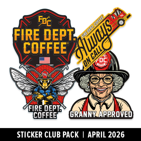 Sticker pack featuring 'Fire Dept. Coffee' and 'Granny Approved' designs with a white background.