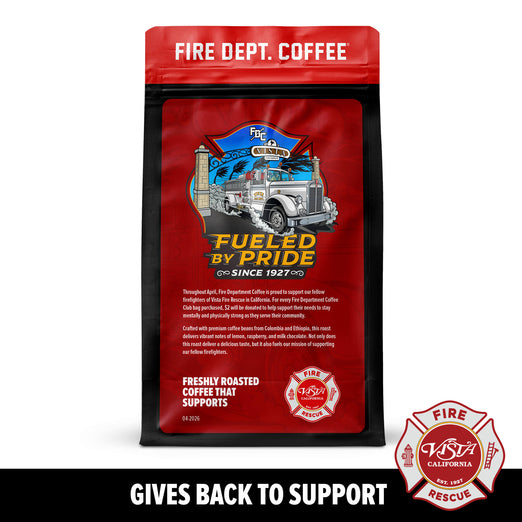 Fire Dept. Coffee package with a fire truck graphic and text on a red background