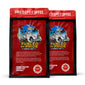 Two red coffee bags with a fire truck design and ’Fire Dept. Coffee’ branding on a white background.