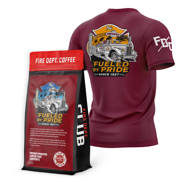 Maroon t-shirt and Fire Dept. Coffee bag with fire truck design on a white background