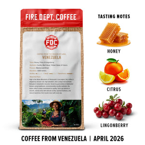 Fire Dept. Coffee package with tasting notes for honey, citrus, and lingenberry, featuring a coffee farmer on the label.