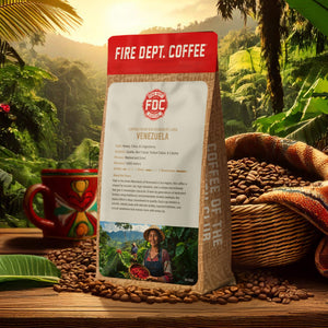 Fire Dept. Coffee package with tasting notes for honey, citrus, and lingenberry, featuring a coffee farmer on the label.