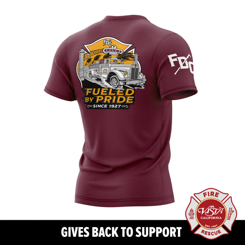 Maroon t-shirt with fire truck graphic and text on a white background