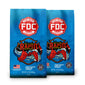 Two blue bags of FDC Fire Department Coffee side by side, featuring a red and white FDC logo and a wave graphic with red and white elements.
