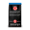 A black bag of Fire Department Coffee by Fire Dept Coffee Co. with a bright blue top seal, featuring red and white logos and text on the back, shown against a plain white background.