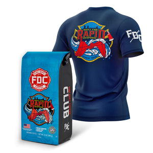 A navy blue short-sleeve athletic shirt shown from both front and back, alongside a matching blue and black branded ground force bag. The shirt features a large multicolor graphic on the back with the words 'Double Rapin Response' and 'FC', plus a white logo on the sleeve.