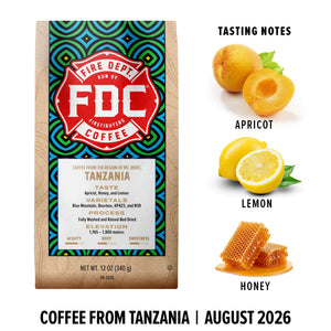 A bag of FDC Firefighters Coffee, Tanzania, August 2026, displayed next to flavor illustrations of apricot, lemon, and honey with tasting notes on a white background.