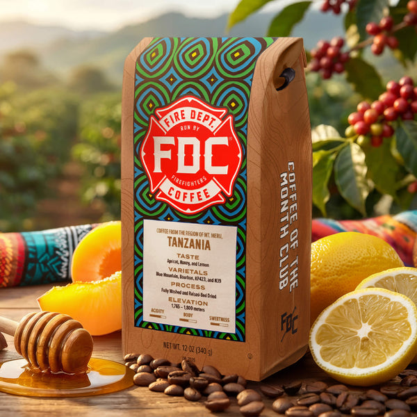 A bag of FDC Firefighters Coffee, Tanzania, August 2026, displayed next to flavor illustrations of apricot, lemon, and honey with tasting notes on a white background.