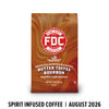 A bag of FDC Fire Department Bourbon Butter Toffee Bourbon coffee on a white background, with black text below reading 'SPIRIT INFUSED COFFEE | AUGUST 2026'. The bag is brown with red and cream swirls and a red FDC logo.