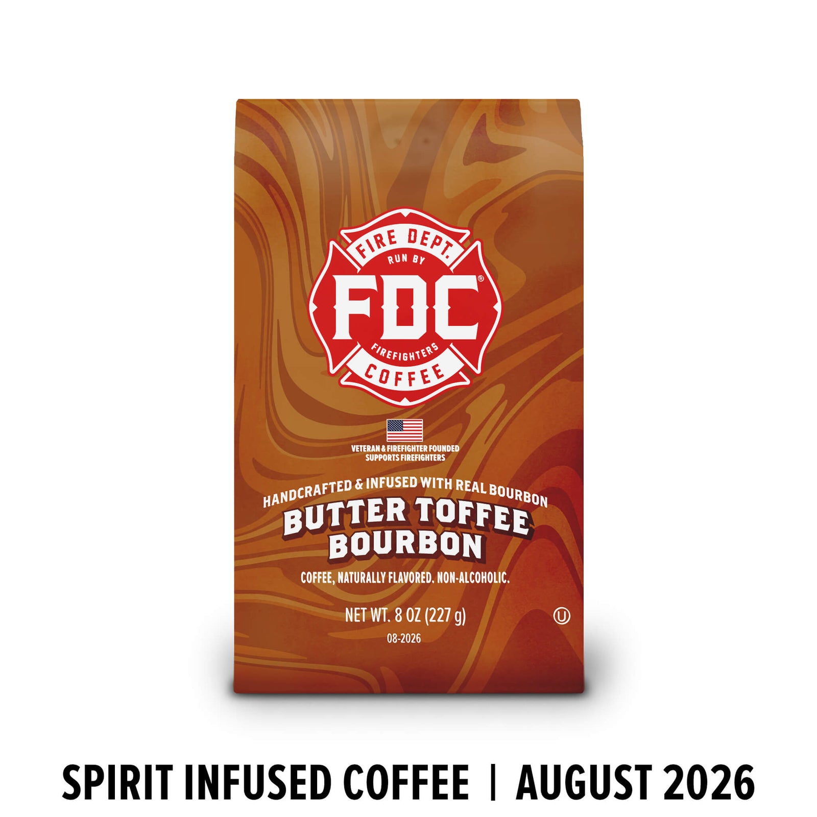 A bag of FDC Fire Department Bourbon Butter Toffee Bourbon coffee on a white background, with black text below reading 'SPIRIT INFUSED COFFEE | AUGUST 2026'. The bag is brown with red and cream swirls and a red FDC logo.