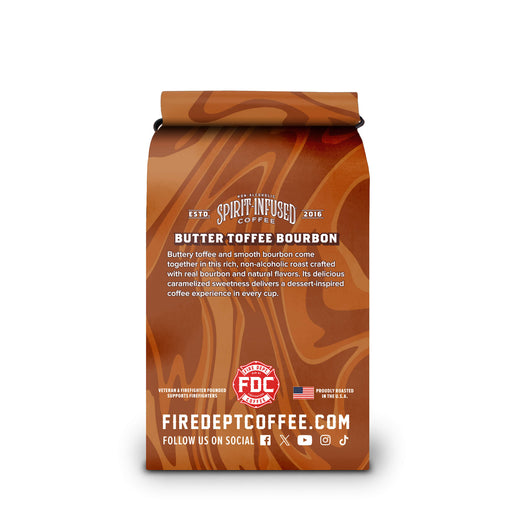 A bag of Fire of the Coast Coffee Company Butter Toffee Bourbon coffee, featuring a brown and tan marbled design on a white background.