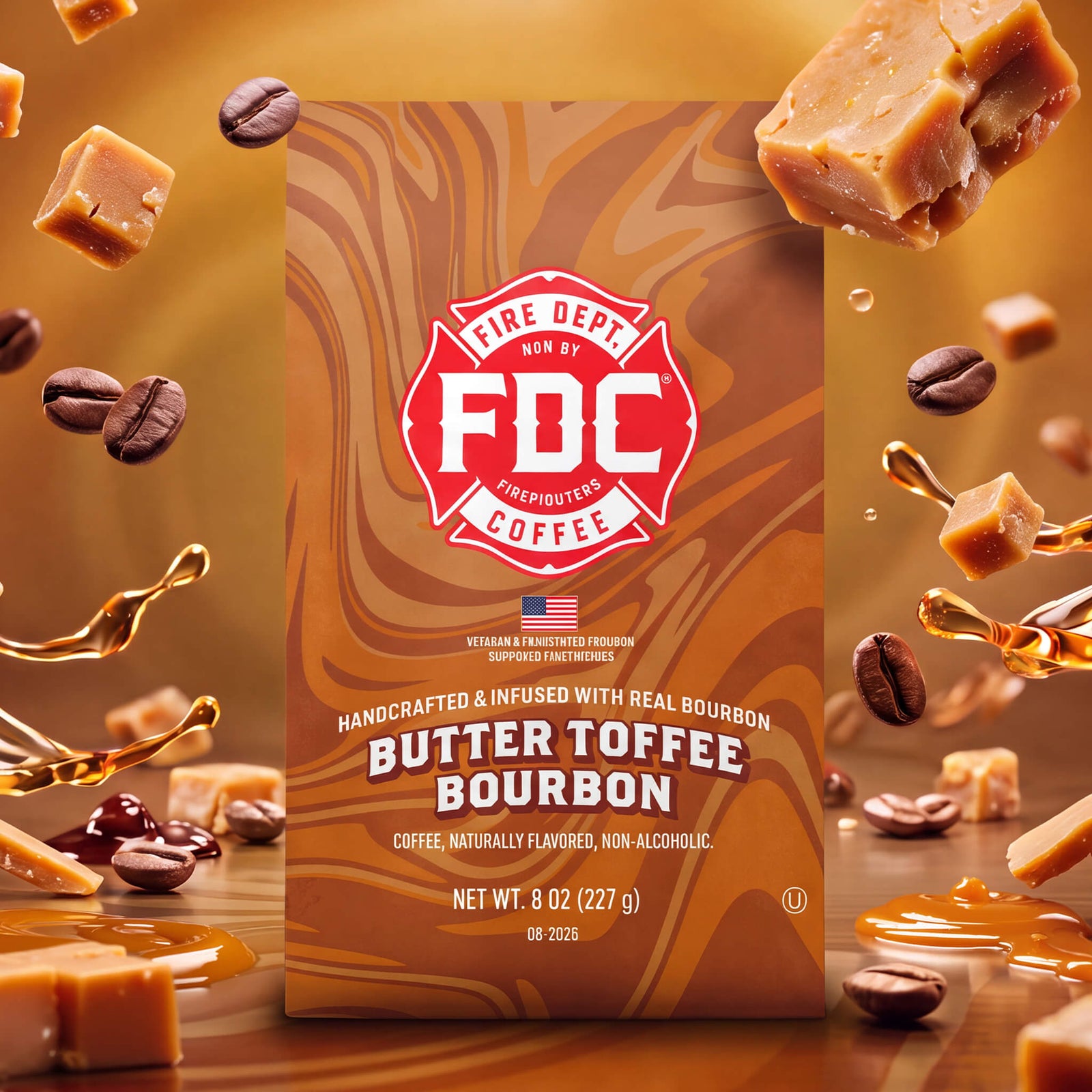 A bag of FDC Fire Department Bourbon Butter Toffee Bourbon coffee on a white background, with black text below reading 'SPIRIT INFUSED COFFEE | AUGUST 2026'. The bag is brown with red and cream swirls and a red FDC logo.