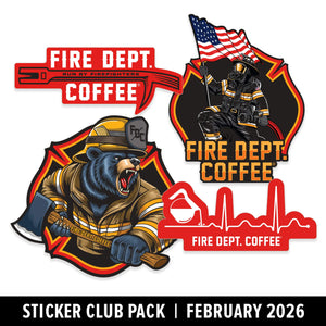 Sticker pack featuring fire department-themed designs with a bear and firefighter, labeled 'Fire Dept. Coffee'.