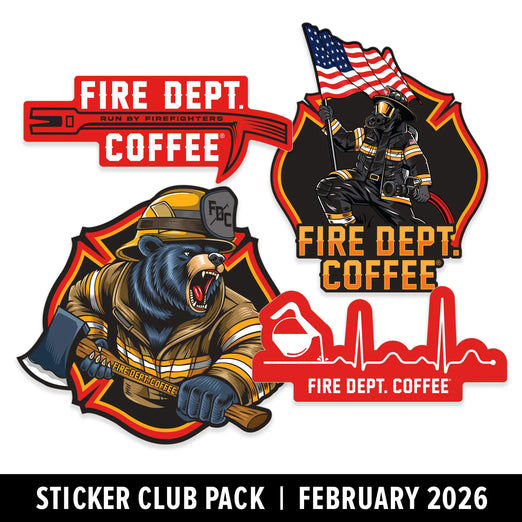 Sticker pack featuring fire department-themed designs with a bear and firefighter, labeled ’Fire Dept. Coffee’.