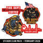 Sticker pack featuring fire department-themed designs with a bear and firefighter, labeled ’Fire Dept. Coffee’.
