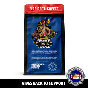 Fire Department Coffee package with bear and firefighter graphic on a blue background