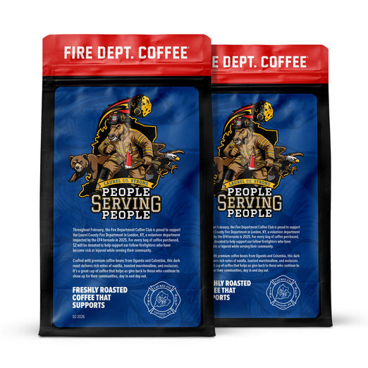 Two packages of Fire Dept. Coffee with a firefighter and dog illustration on a blue background.
