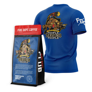 Blue t-shirt and Fire Dept. Coffee package with 'People Serving People' design on a white background