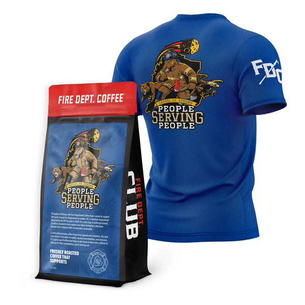 Blue t-shirt and Fire Dept. Coffee package with 'People Serving People' design on a white background